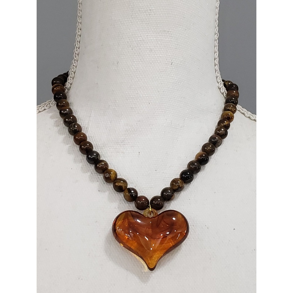 Mayamar Genuine Tiger Eye Heart Necklace 18" GEMSTONE REAL STONE BOHEMIAN CHUNKY
